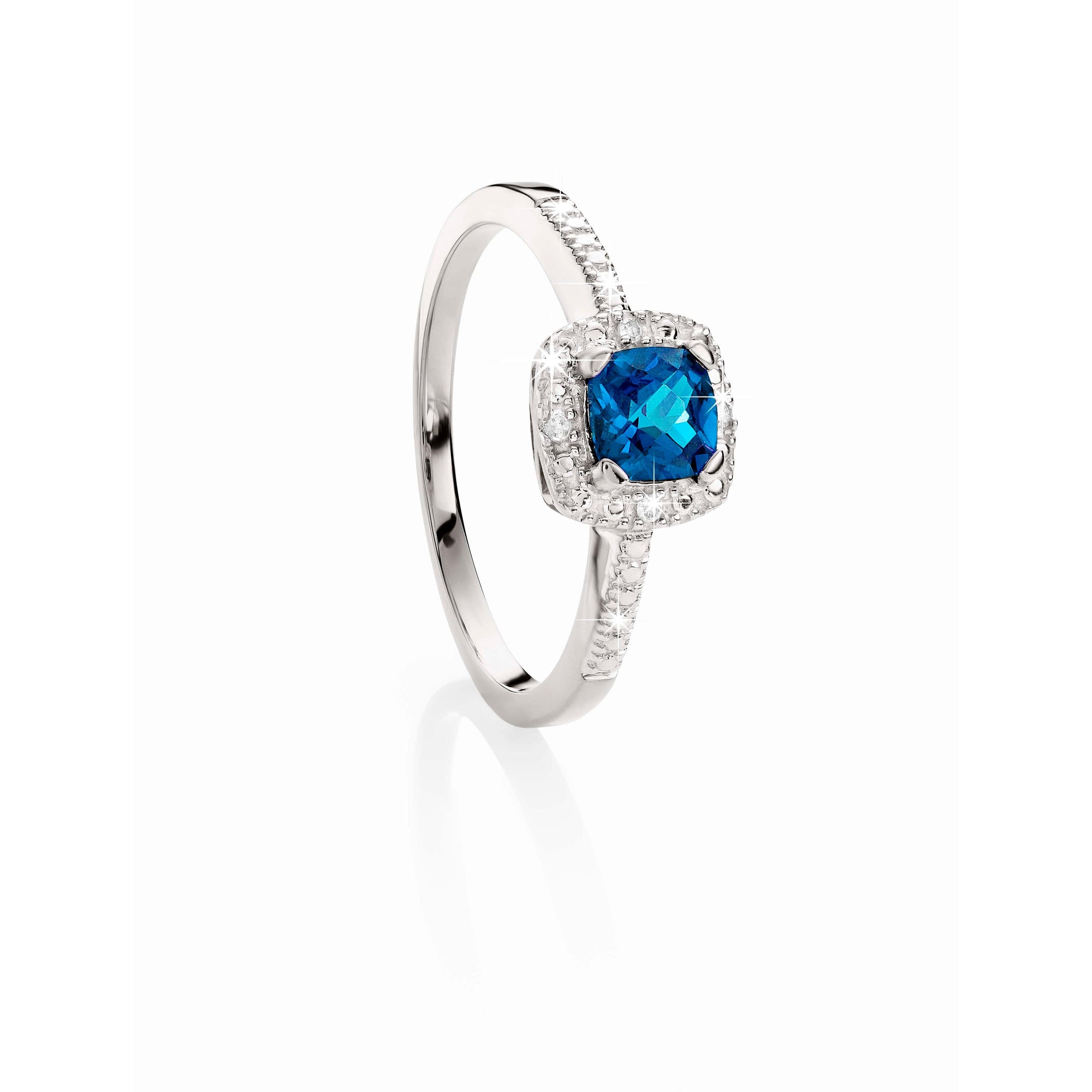 MP4444 9ct WG cushion cut London blue topaz &amp; diamond ring