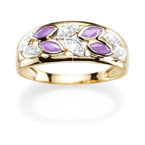 9ct Yellow Gold Marquise Amethyst &amp; Diamond Leaf Band Ring