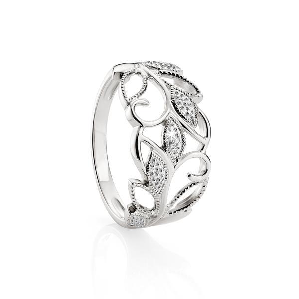 Sterling Silver Diamond Set Leaf Inspired Ring with Millgrain Feature