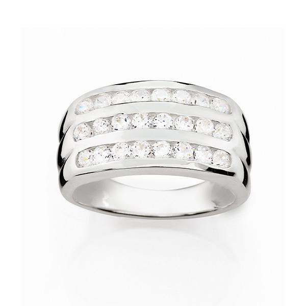 Sterling Silver Triple Row Channel Set White Cubic Zirconia Ring