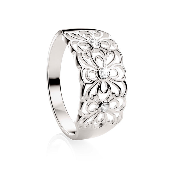 Sterling Silver Wide Flower Ring with Bezel-Set Cubic Zirconia