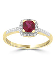 9ct Yellow Gold Cushion-Cut Created Ruby Ring with Pav3 Diamond Surround