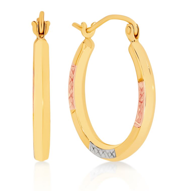 9ct Tri-Tone 15mm Square Tube Hoop Earrings with Diamond-Cut Finish