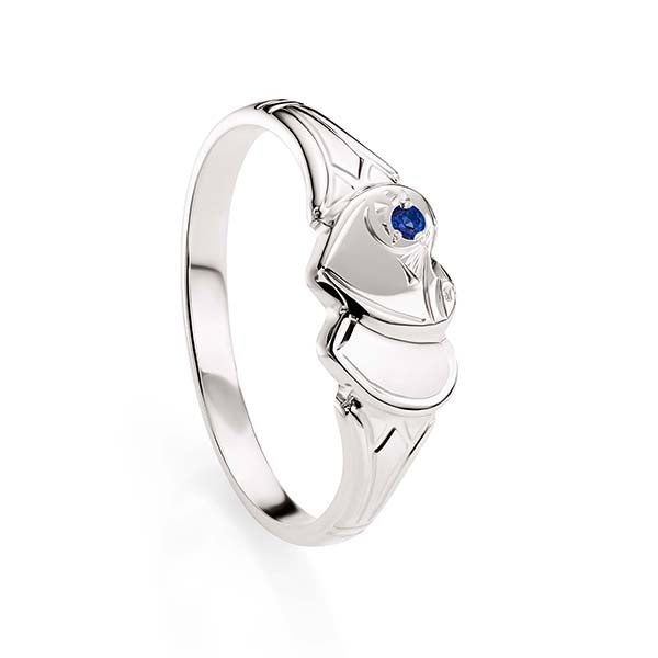 Sterling Silver Double Heart Blue Stone Signet Ring